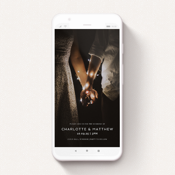 A wedding invitation for whatsapp design called "Shepherds Market". It is a smartphone screen sized invite in a portrait orientation. It is a photographic wedding invitation for whatsapp with room for 1 photo. "Shepherds Market" is available as a flat invite, with mainly white colouring.