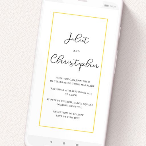 A wedding invitation for whatsapp template titled 'Simple As'. It is a smartphone screen sized invite in a portrait orientation. 'Simple As' is available as a flat invite, with tones of white and yellow.