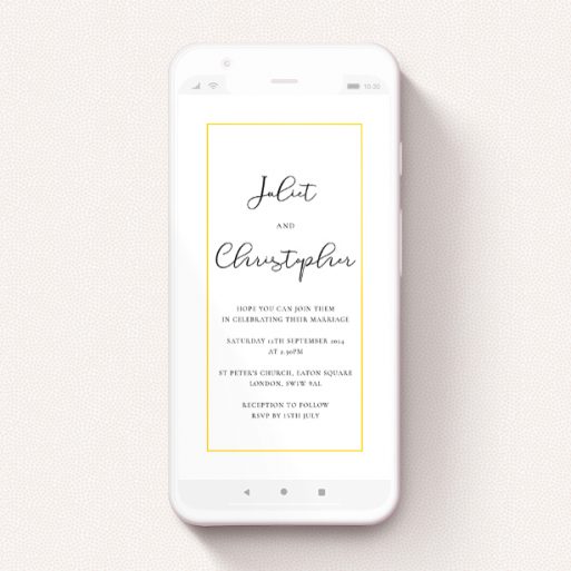 A wedding invitation for whatsapp template titled "Simple As". It is a smartphone screen sized invite in a portrait orientation. "Simple As" is available as a flat invite, with tones of white and yellow.