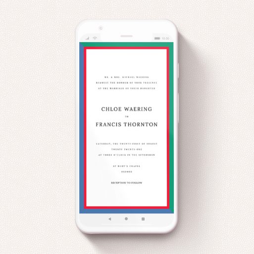 A wedding invitation for whatsapp design called "Simple Diagonal". It is a smartphone screen sized invite in a portrait orientation. "Simple Diagonal" is available as a flat invite, with tones of green, blue and red.