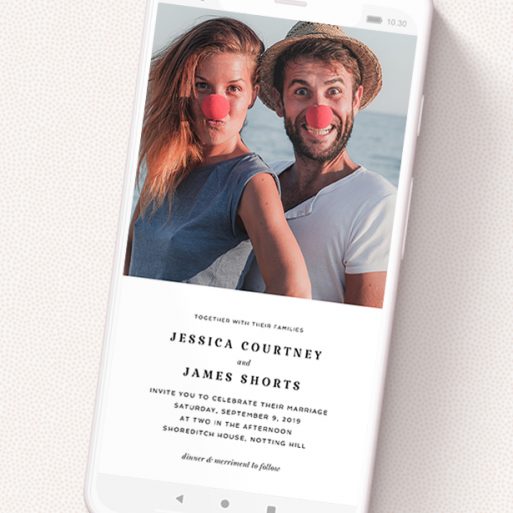 A wedding invitation for whatsapp design named 'Simple Invite Date'. It is a smartphone screen sized invite in a portrait orientation. It is a photographic wedding invitation for whatsapp with room for 1 photo. 'Simple Invite Date' is available as a flat invite, with mainly white colouring.