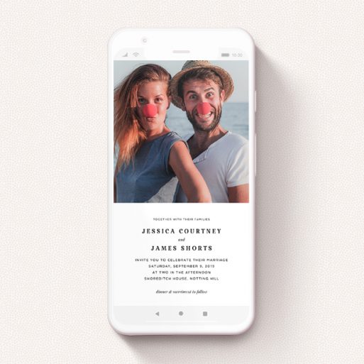 A wedding invitation for whatsapp design named "Simple Invite Date". It is a smartphone screen sized invite in a portrait orientation. It is a photographic wedding invitation for whatsapp with room for 1 photo. "Simple Invite Date" is available as a flat invite, with mainly white colouring.