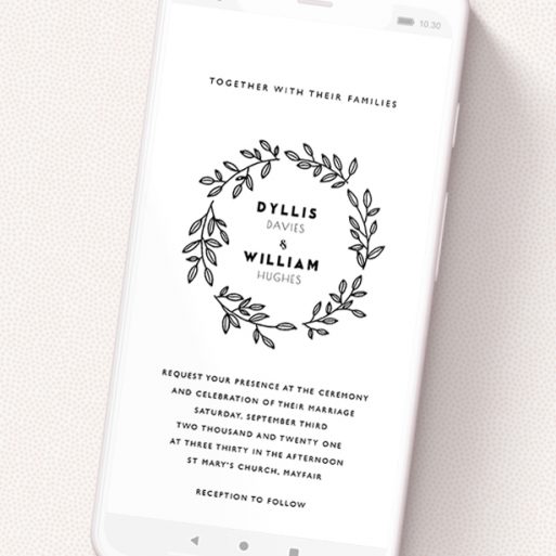 A wedding invitation for whatsapp design titled 'Simple Wreath'. It is a smartphone screen sized invite in a portrait orientation. 'Simple Wreath' is available as a flat invite, with tones of black and white.
