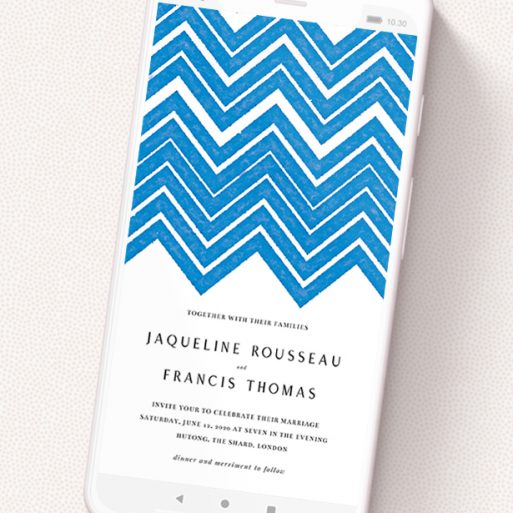 A wedding invitation for whatsapp design titled 'Skiapthos'. It is a smartphone screen sized invite in a portrait orientation. 'Skiapthos' is available as a flat invite, with tones of blue and white.