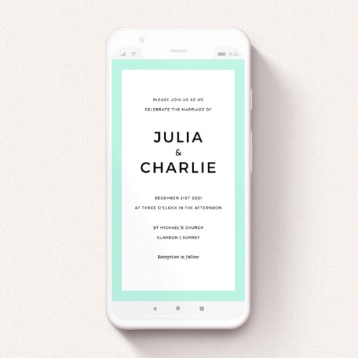 A wedding invitation for whatsapp design called "Slight Frame". It is a smartphone screen sized invite in a portrait orientation. "Slight Frame" is available as a flat invite, with tones of green and white.