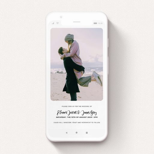 A wedding invitation for whatsapp design called "Smoothed Out". It is a smartphone screen sized invite in a portrait orientation. It is a photographic wedding invitation for whatsapp with room for 1 photo. "Smoothed Out" is available as a flat invite, with tones of black and white.