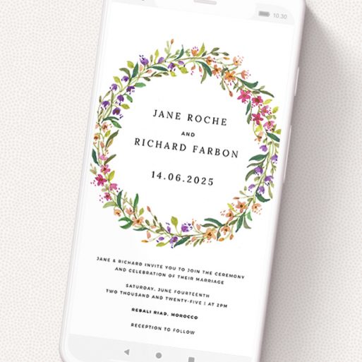 A wedding invitation for whatsapp design called 'Spring Florist'. It is a smartphone screen sized invite in a portrait orientation. 'Spring Florist' is available as a flat invite, with tones of light green and orange.