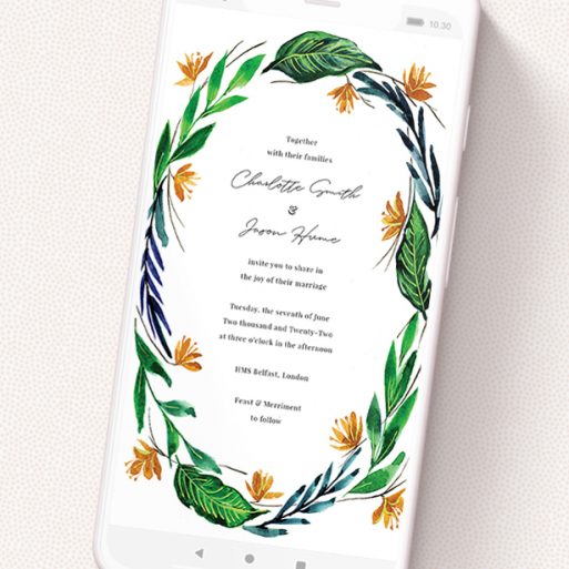 A wedding invitation for whatsapp called 'Summer Whirl Wreath'. It is a smartphone screen sized invite in a portrait orientation. 'Summer Whirl Wreath' is available as a flat invite, with tones of green, dark blue and orange.