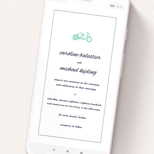 A wedding invitation for whatsapp called 'Tandem sheet'. It is a smartphone screen sized invite in a portrait orientation. 'Tandem sheet' is available as a flat invite, with tones of white and green.