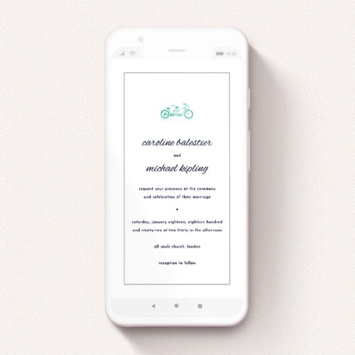 A wedding invitation for whatsapp called "Tandem sheet". It is a smartphone screen sized invite in a portrait orientation. "Tandem sheet" is available as a flat invite, with tones of white and green.