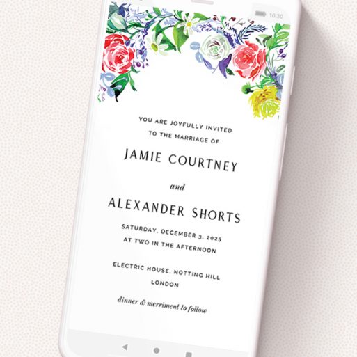 A wedding invitation for whatsapp template titled 'The flowerbed '. It is a smartphone screen sized invite in a portrait orientation. 'The flowerbed ' is available as a flat invite, with mainly green colouring.