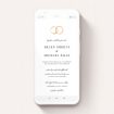 A wedding invitation for whatsapp named "The newlyweds ". It is a smartphone screen sized invite in a portrait orientation. "The newlyweds " is available as a flat invite, with tones of white and gold.