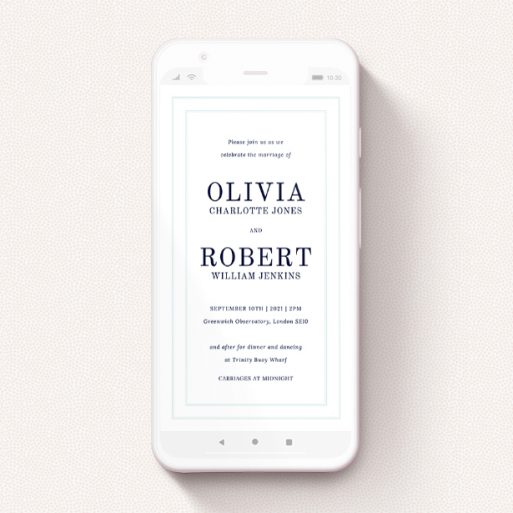 A wedding invitation for whatsapp design titled "Thick White and Blue". It is a smartphone screen sized invite in a portrait orientation. "Thick White and Blue" is available as a flat invite, with tones of blue and white.