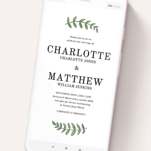 A wedding invitation for whatsapp design called 'Top and Bottom Floral'. It is a smartphone screen sized invite in a portrait orientation. 'Top and Bottom Floral' is available as a flat invite, with tones of white and green.