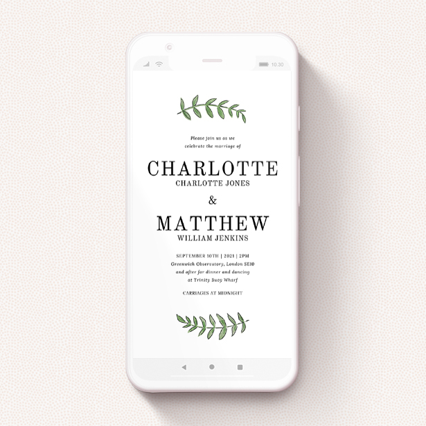 A wedding invitation for whatsapp design called "Top and Bottom Floral". It is a smartphone screen sized invite in a portrait orientation. "Top and Bottom Floral" is available as a flat invite, with tones of white and green.