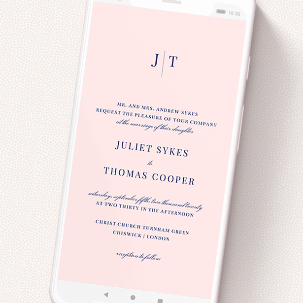 A wedding invitation for whatsapp template titled 'Tradition in Pink'. It is a smartphone screen sized invite in a portrait orientation. 'Tradition in Pink' is available as a flat invite, with mainly pink colouring.