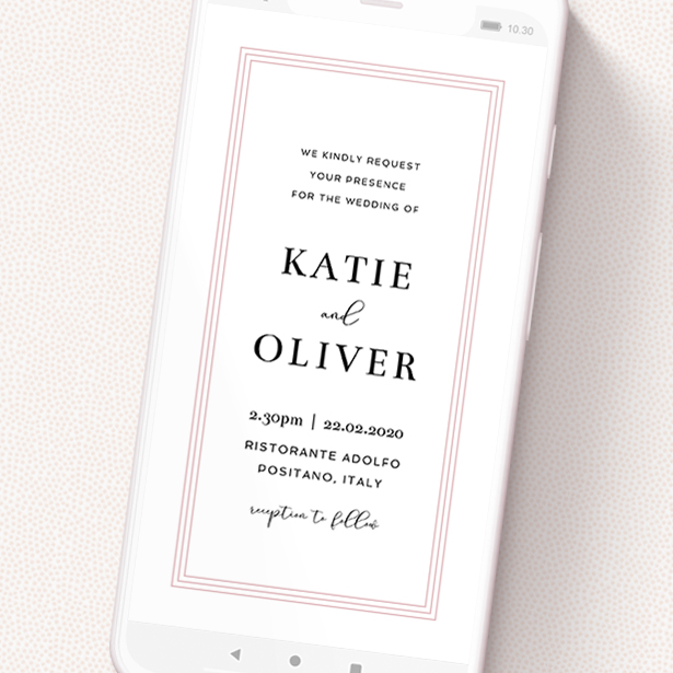 A wedding invitation for whatsapp design titled 'Tri-Border'. It is a smartphone screen sized invite in a portrait orientation. 'Tri-Border' is available as a flat invite, with tones of pink and white.