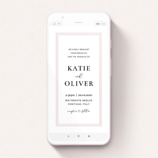 A wedding invitation for whatsapp design titled "Tri-Border". It is a smartphone screen sized invite in a portrait orientation. "Tri-Border" is available as a flat invite, with tones of pink and white.