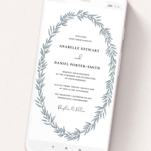 A wedding invitation for whatsapp design named 'Tussled Wreath'. It is a smartphone screen sized invite in a portrait orientation. 'Tussled Wreath' is available as a flat invite, with tones of blue and white.