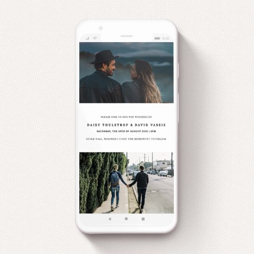 A wedding invitation for whatsapp design called "Two Thirds Photo". It is a smartphone screen sized invite in a portrait orientation. It is a photographic wedding invitation for whatsapp with room for 2 photos. "Two Thirds Photo" is available as a flat invite, with tones of black and white.