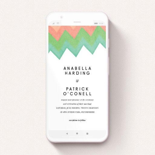 A wedding invitation for whatsapp called "Vibrant Peaks". It is a smartphone screen sized invite in a portrait orientation. "Vibrant Peaks" is available as a flat invite, with tones of white, orange and green.