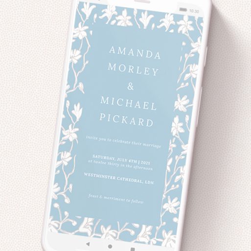 A wedding invitation for whatsapp named 'White Ivy'. It is a smartphone screen sized invite in a portrait orientation. 'White Ivy' is available as a flat invite, with tones of blue and white.