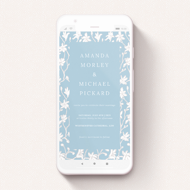 A wedding invitation for whatsapp named "White Ivy". It is a smartphone screen sized invite in a portrait orientation. "White Ivy" is available as a flat invite, with tones of blue and white.