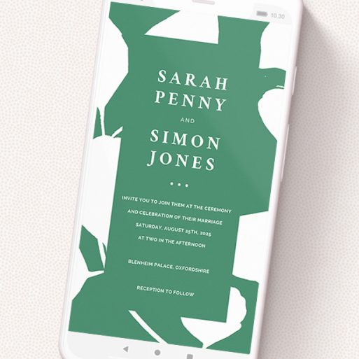 A wedding invitation for whatsapp called 'White on Green'. It is a smartphone screen sized invite in a portrait orientation. 'White on Green' is available as a flat invite, with tones of green and white.