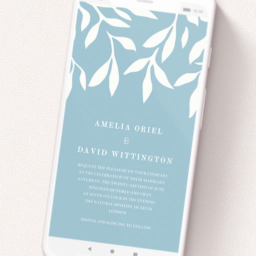A wedding invitation for whatsapp template titled 'Winter bloom '. It is a smartphone screen sized invite in a portrait orientation. 'Winter bloom ' is available as a flat invite, with tones of blue and white.