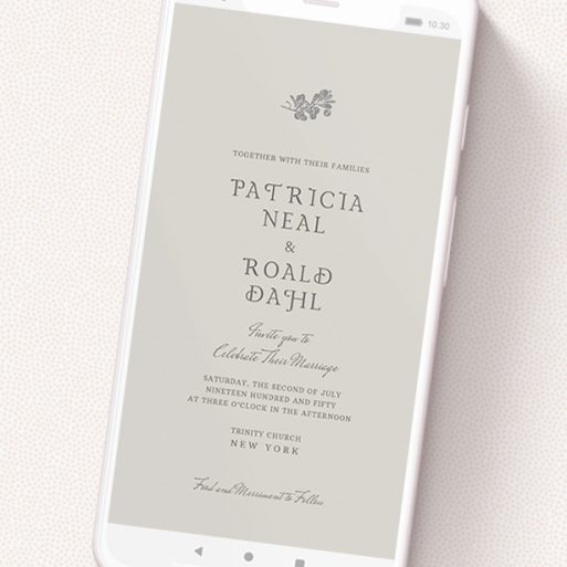 A wedding invitation for whatsapp design named 'Woodland dusk '. It is a smartphone screen sized invite in a portrait orientation. 'Woodland dusk ' is available as a flat invite, with mainly dark cream colouring.