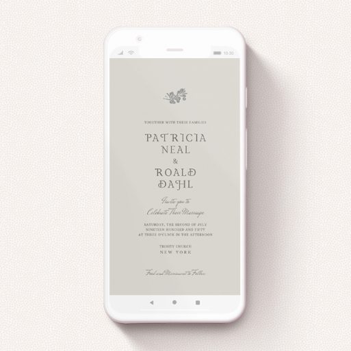 A wedding invitation for whatsapp design named "Woodland dusk ". It is a smartphone screen sized invite in a portrait orientation. "Woodland dusk " is available as a flat invite, with mainly dark cream colouring.