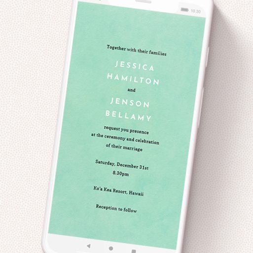 A wedding invitation for whatsapp template titled 'Worn Green'. It is a smartphone screen sized invite in a portrait orientation. 'Worn Green' is available as a flat invite, with tones of green and white.