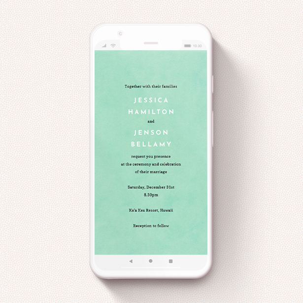 A wedding invitation for whatsapp template titled "Worn Green". It is a smartphone screen sized invite in a portrait orientation. "Worn Green" is available as a flat invite, with tones of green and white.