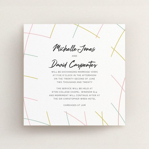 A wedding invite card called "A bit Concentric". It is a square (148mm x 148mm) invite in a square orientation. "A bit Concentric" is available as a flat invite, with tones of white, yellow and pink.