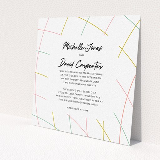 A wedding invite card called 'A bit Concentric'. It is a square (148mm x 148mm) invite in a square orientation. 'A bit Concentric' is available as a flat invite, with tones of white, yellow and pink.