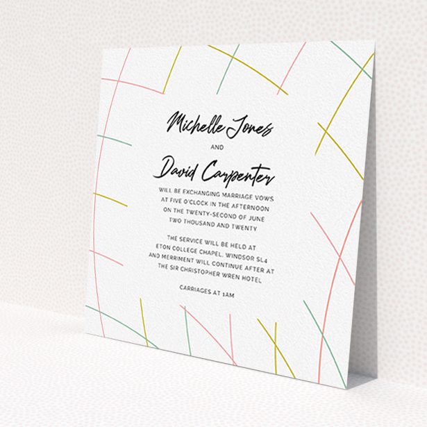 A wedding invite card called "A bit Concentric". It is a square (148mm x 148mm) invite in a square orientation. "A bit Concentric" is available as a flat invite, with tones of white, yellow and pink.