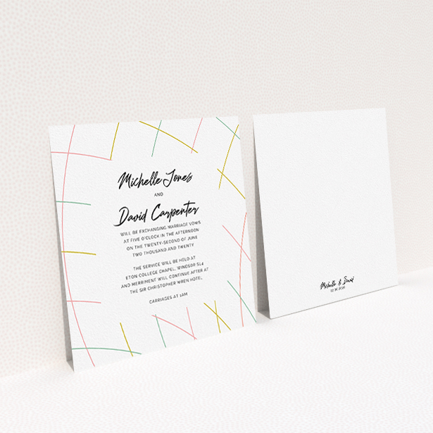 A wedding invite card called "A bit Concentric". It is a square (148mm x 148mm) invite in a square orientation. "A bit Concentric" is available as a flat invite, with tones of white, yellow and pink.