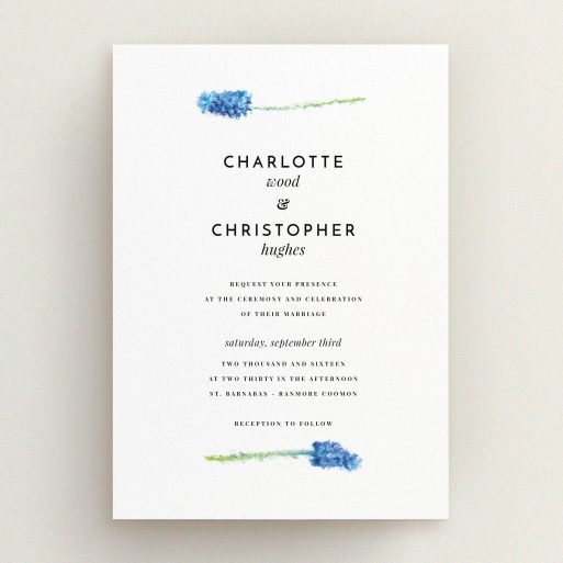 A wedding invite card called "A new bloom". It is an A5 invite in a portrait orientation. "A new bloom" is available as a flat invite, with tones of white and green.