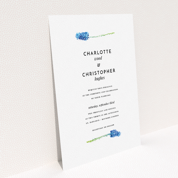 A wedding invite card called "A new bloom". It is an A5 invite in a portrait orientation. "A new bloom" is available as a flat invite, with tones of white and green.