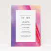 A wedding invite card design called "Abstract Pink Watercolour". It is an A5 invite in a portrait orientation. "Abstract Pink Watercolour" is available as a flat invite, with tones of vibrant pink, purple and red.