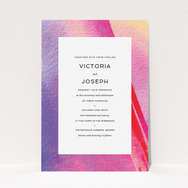 A wedding invite card design called "Abstract Pink Watercolour". It is an A5 invite in a portrait orientation. "Abstract Pink Watercolour" is available as a flat invite, with tones of vibrant pink, purple and red.