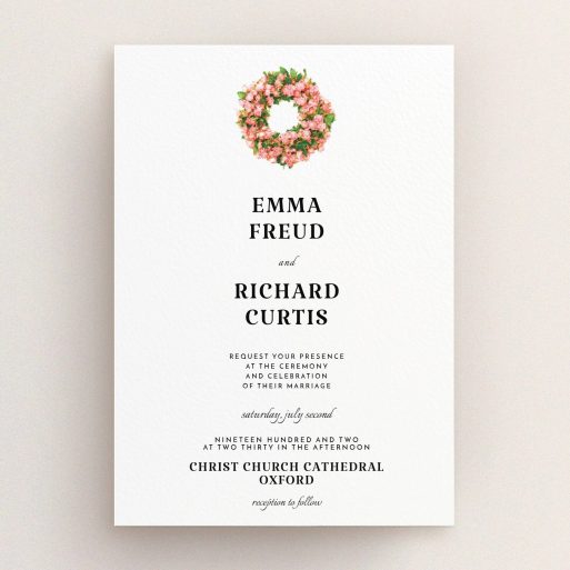 A wedding invite card called "Acrylic Wreath". It is an A5 invite in a portrait orientation. "Acrylic Wreath" is available as a flat invite, with tones of white and green.