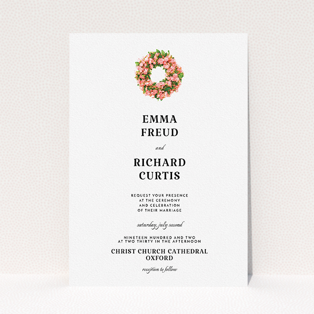 A wedding invite card called "Acrylic Wreath". It is an A5 invite in a portrait orientation. "Acrylic Wreath" is available as a flat invite, with tones of white and green.