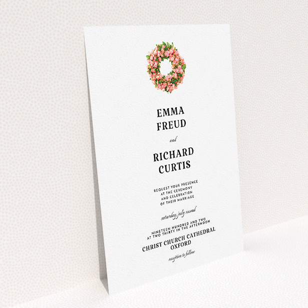 A wedding invite card called "Acrylic Wreath". It is an A5 invite in a portrait orientation. "Acrylic Wreath" is available as a flat invite, with tones of white and green.
