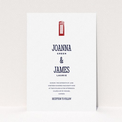 A wedding invite card design called "Answer the phone". It is an A5 invite in a portrait orientation. "Answer the phone" is available as a flat invite, with tones of white and red.