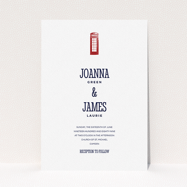 A wedding invite card design called "Answer the phone". It is an A5 invite in a portrait orientation. "Answer the phone" is available as a flat invite, with tones of white and red.