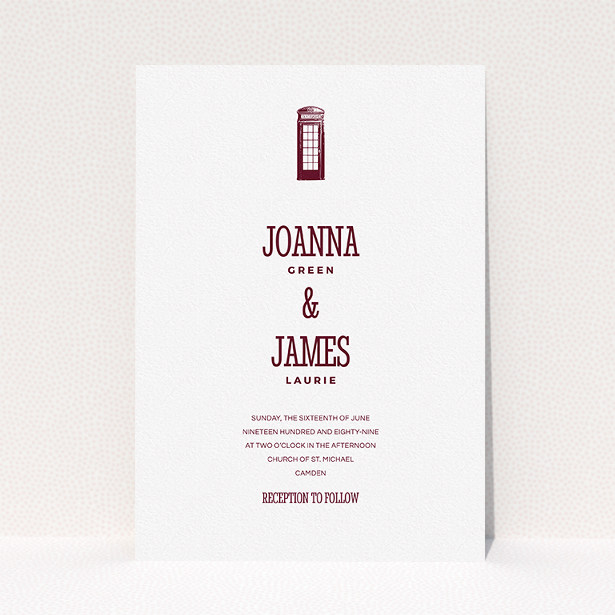 A wedding invite card template titled "Answer the phone". It is an A5 invite in a portrait orientation. "Answer the phone" is available as a flat invite, with tones of white and burgundy.