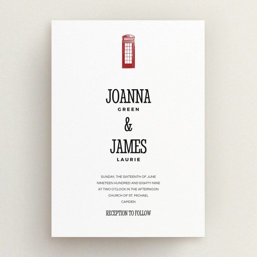 A wedding invite card design titled "Answer the phone". It is an A5 invite in a portrait orientation. "Answer the phone" is available as a flat invite, with tones of white and red.