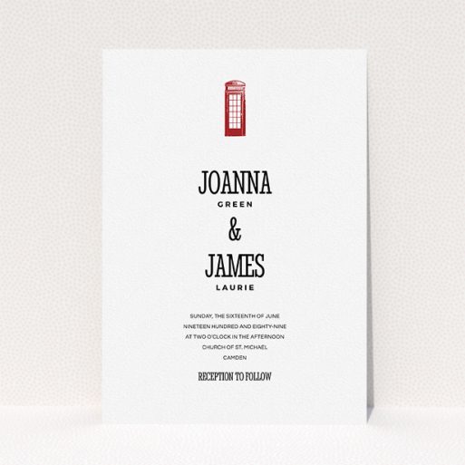 A wedding invite card design titled "Answer the phone". It is an A5 invite in a portrait orientation. "Answer the phone" is available as a flat invite, with tones of white and red.