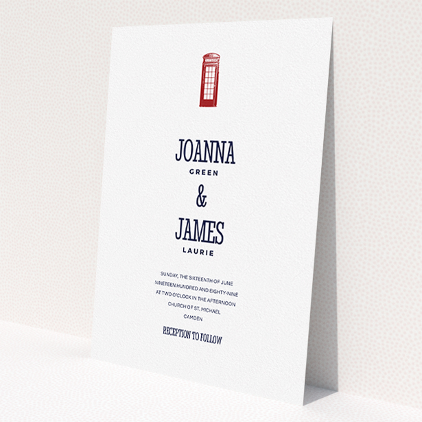 A wedding invite card design called "Answer the phone". It is an A5 invite in a portrait orientation. "Answer the phone" is available as a flat invite, with tones of white and red.